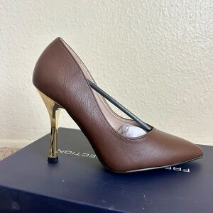 French Connection Brown Heels with Gold Accents